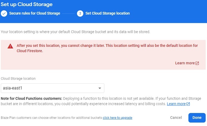 Firebase storage location