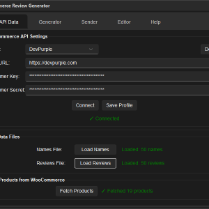 Review Generator – WooCommerce API settings Review Generator - connecting a WooCommerce store with API credentials and loading product data