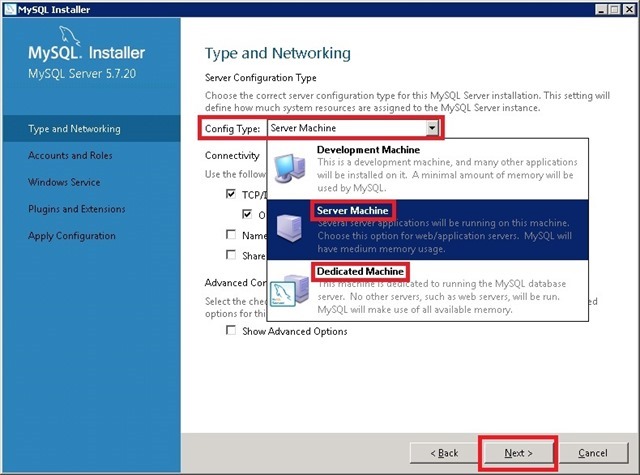 Windows Server 安装 MySQL，选择配置类型