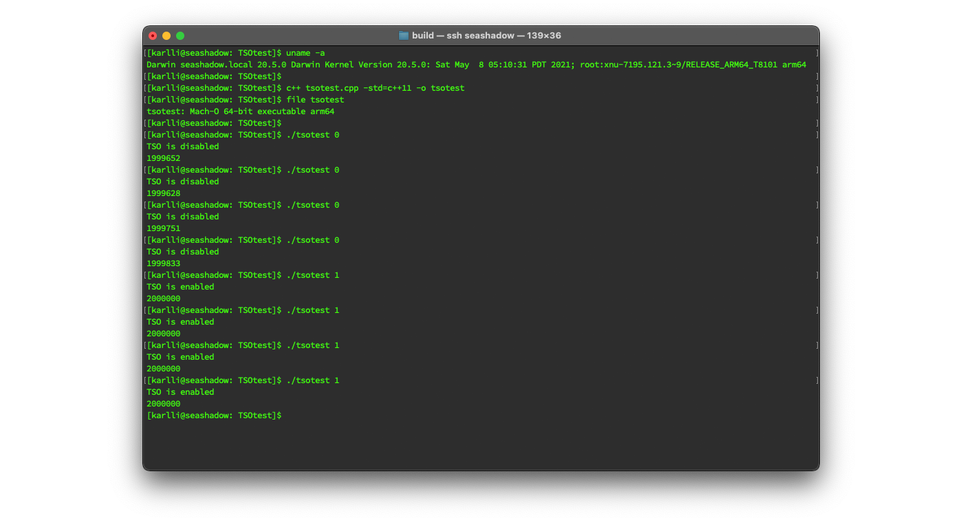 Figure 4: Building, examining, and running the test program to demonstrate hardware TSO mode disabled and then enabled.