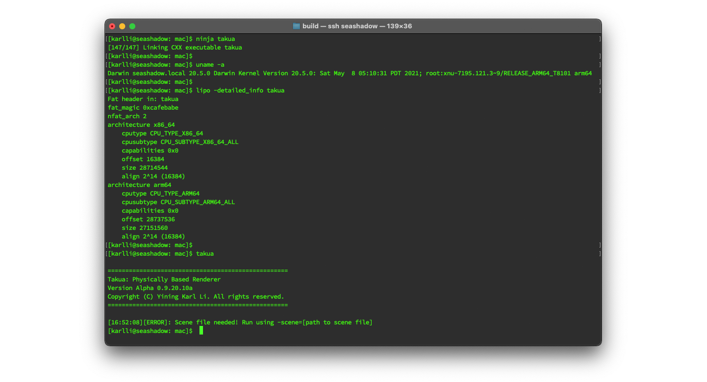 Figure 2: Building Takua Renderer as a Universal Binary, checking the current system architecture, checking the output Universal Binary's slices to confirm the presence of arm64 and x86-64 support, and finally running Takua Renderer from the Universal Binary build.