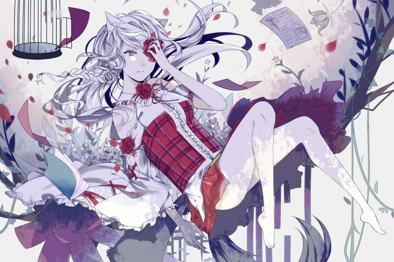 illustrazione, fiori, capelli lunghi, anime, occhi gialli, disegno illustrazione, fiori, capelli lunghi, anime, occhi gialli, disegno