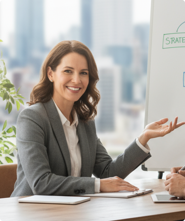 Smiling career coach at desk