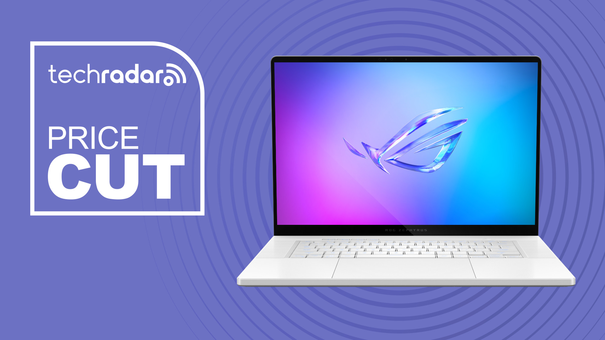 Asus Zephyrus G14 gaming laptop on purple background with price cut text overlay