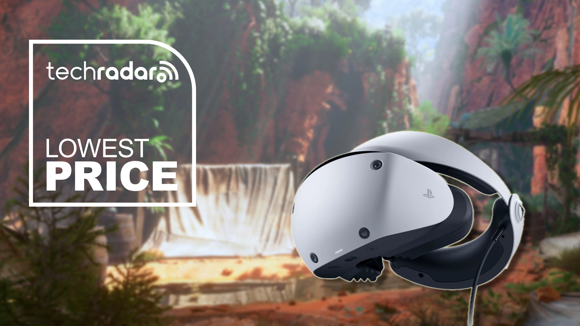 A PSVR 2 headset against a blurred background of a lush forest camp