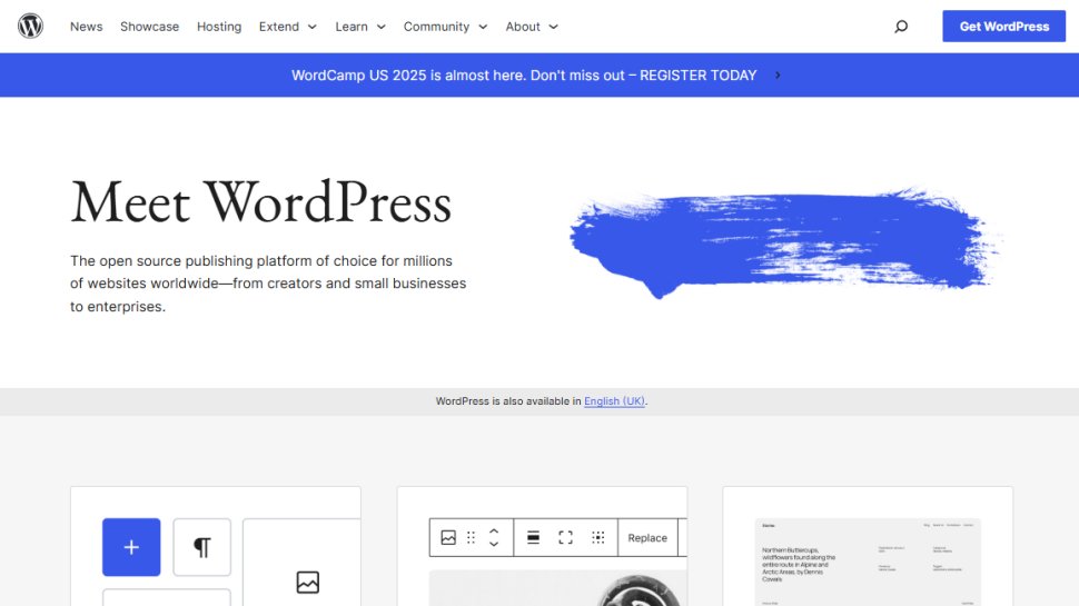 Website screenshot of WordPress (August, 2025)