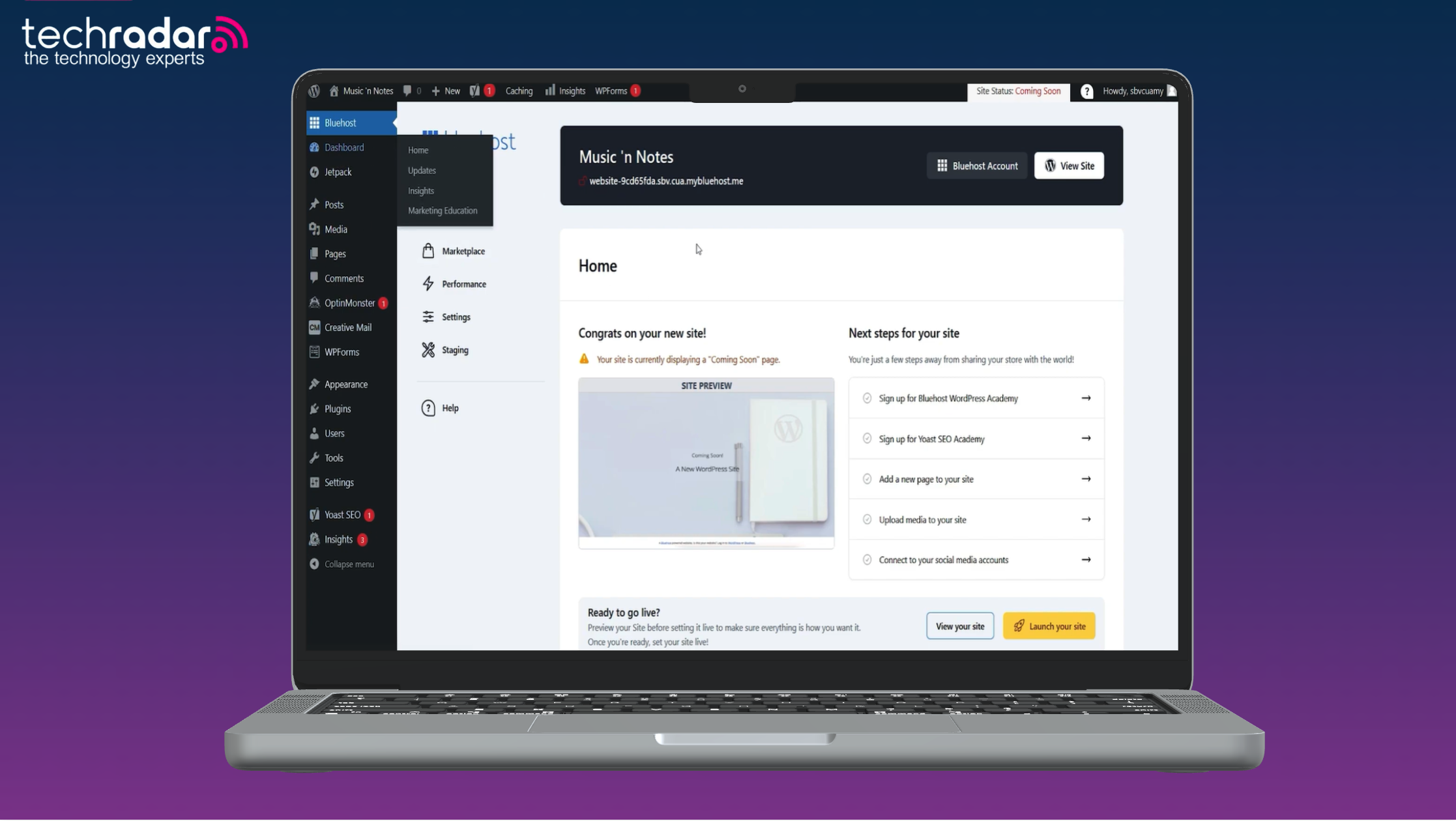 An image of a macbook on a purple background, the Bluehost website builder is being used on mac