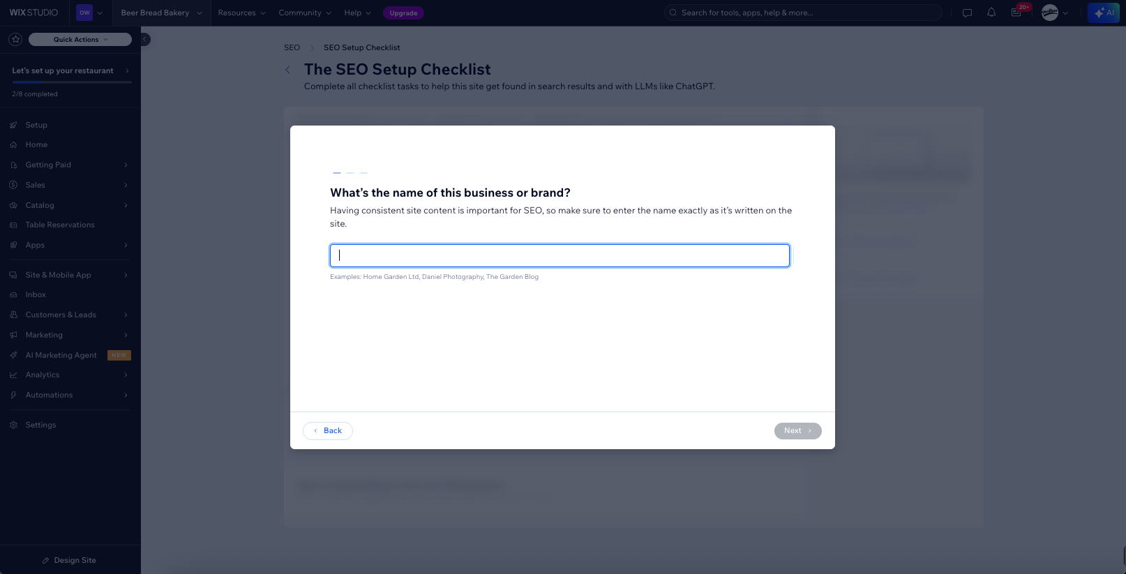 A screenshot of the Wix SEO set up checklist, it has a grey background and a white pop up box asking a question