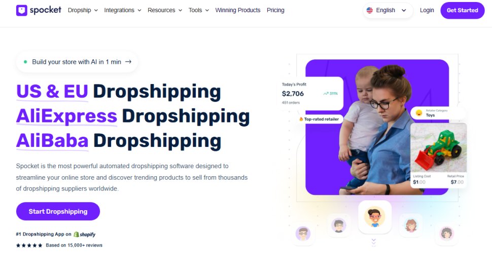 Website screenshot of Spocket (August, 2025)