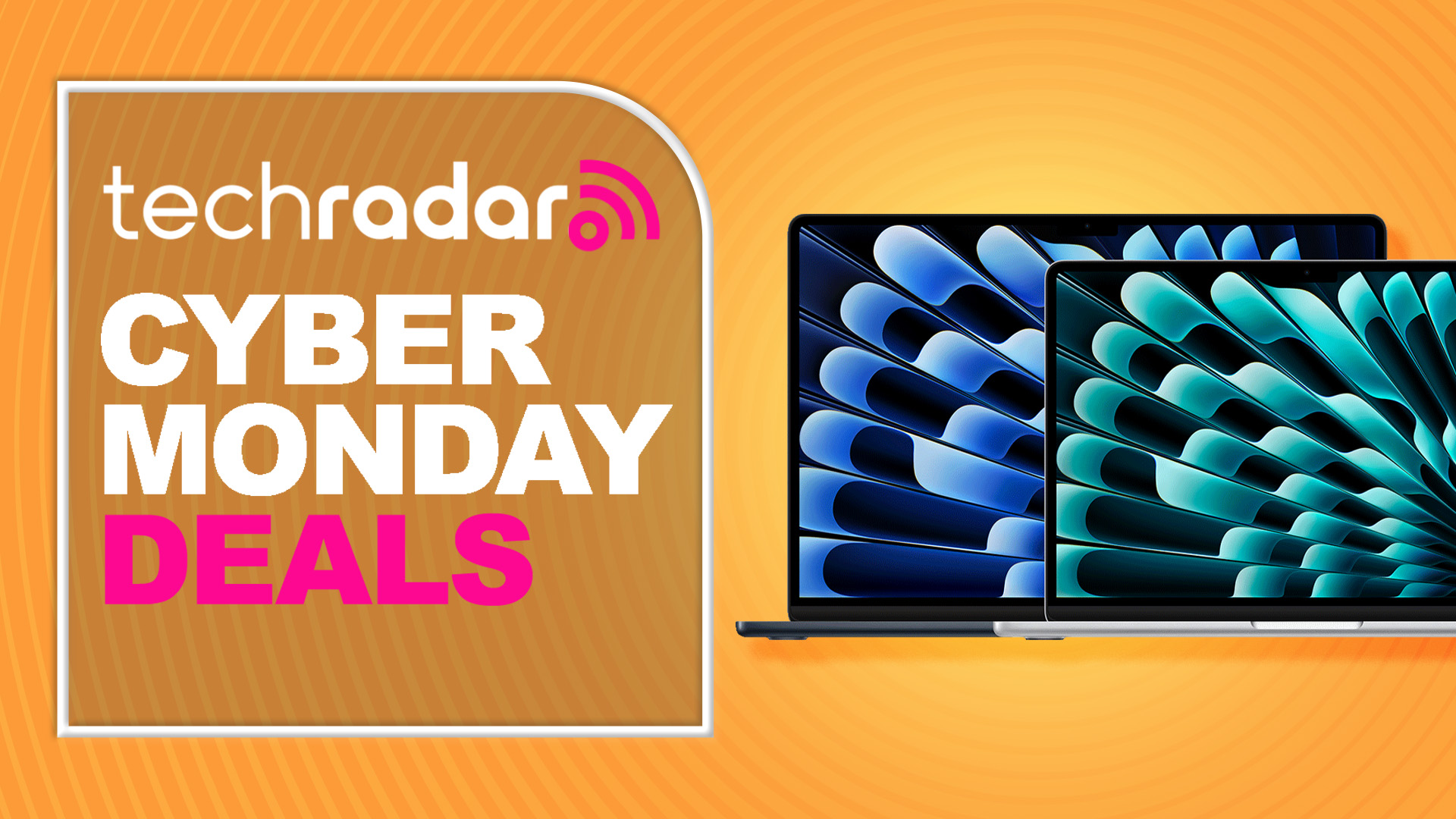 A pair of MacBook Air laptops against an orange TechRadar Cyber Monday deals background