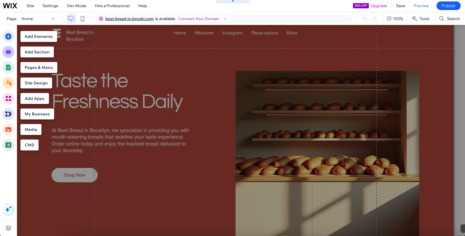 A screenshot of the Wix website builder, it has a orange/brown website with website options hovering over the top in white 