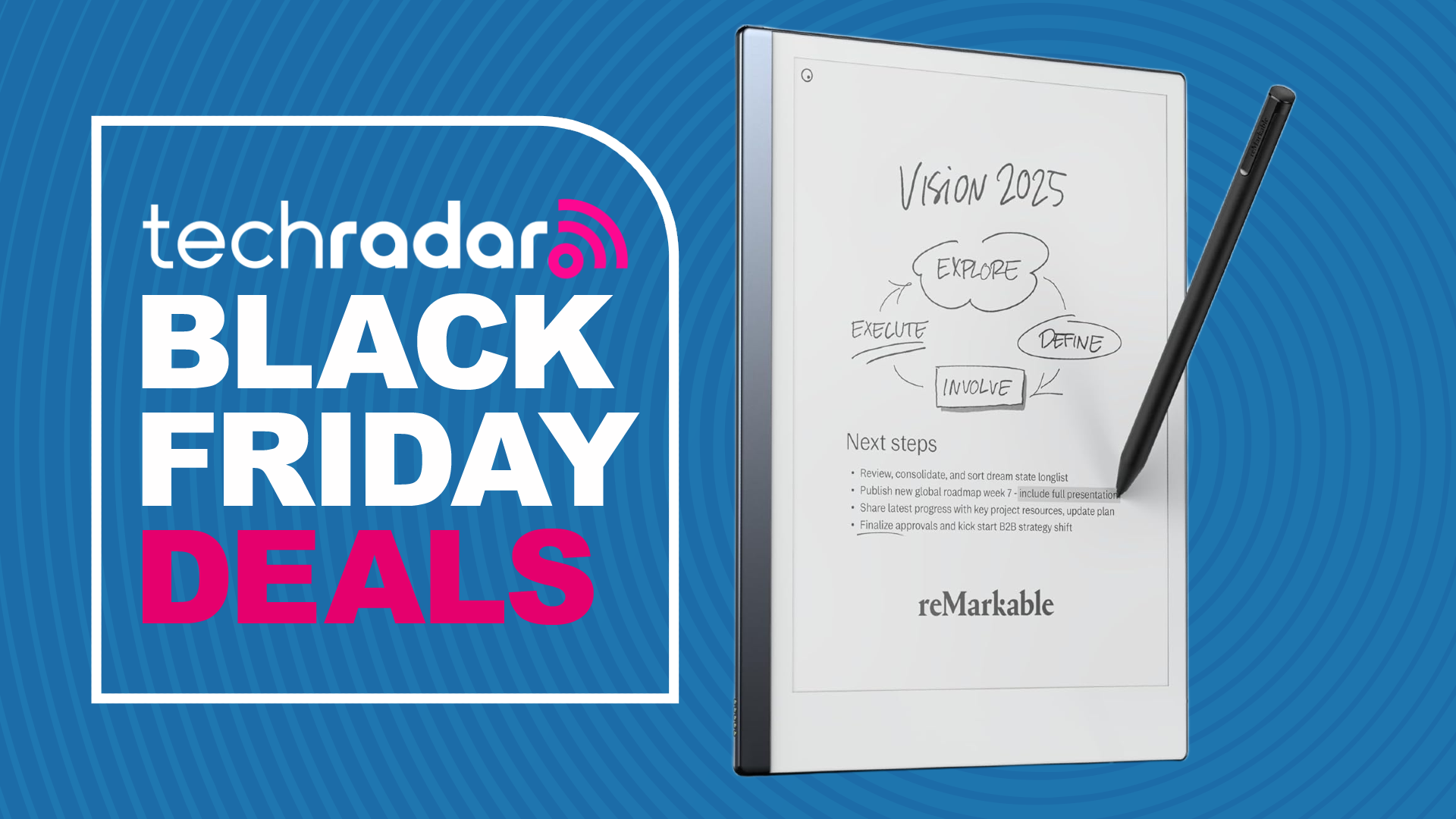 The reMarkable 2 with Marker Plus on a blue background next to a TechRadar badge reading 'Black Friday deals'