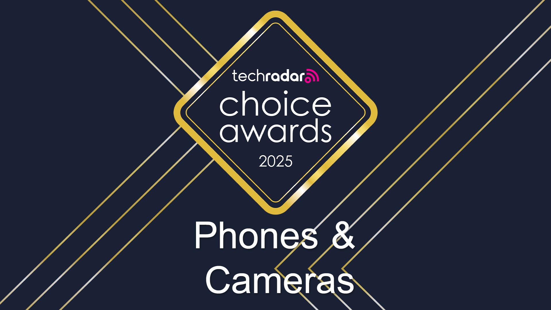 The TechRadar Choice Awards 2025 logo, which is a gold diamond, against a blue background with sharp-angled gold lines
