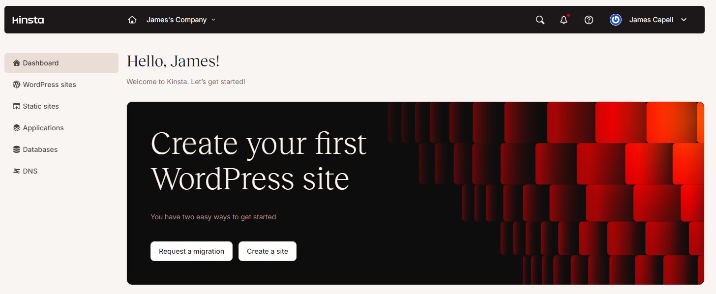 An image of the screen you see when you first log in to Kinsta