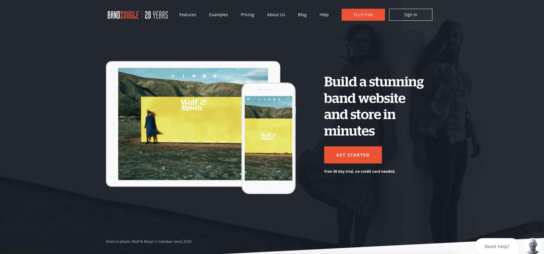 screenshot of Bandzoogle homepage