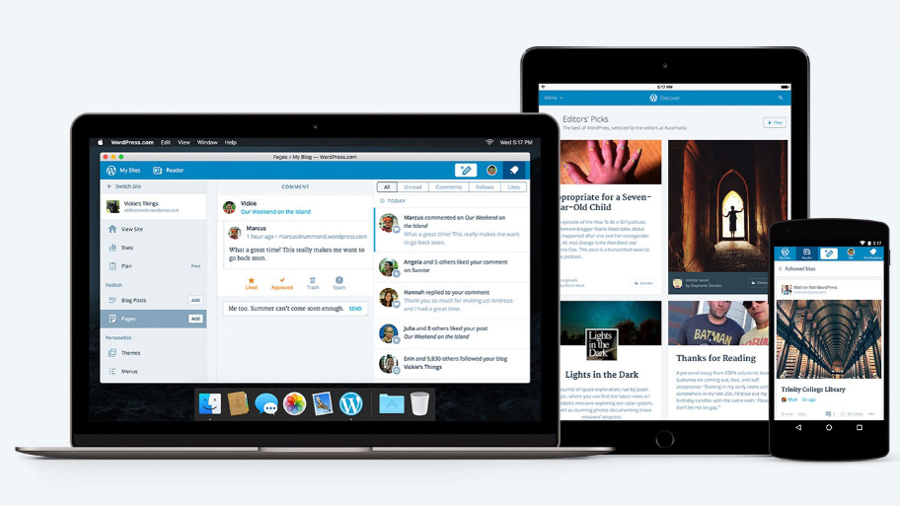 WordPress CMS on a laptop, tablet and phone