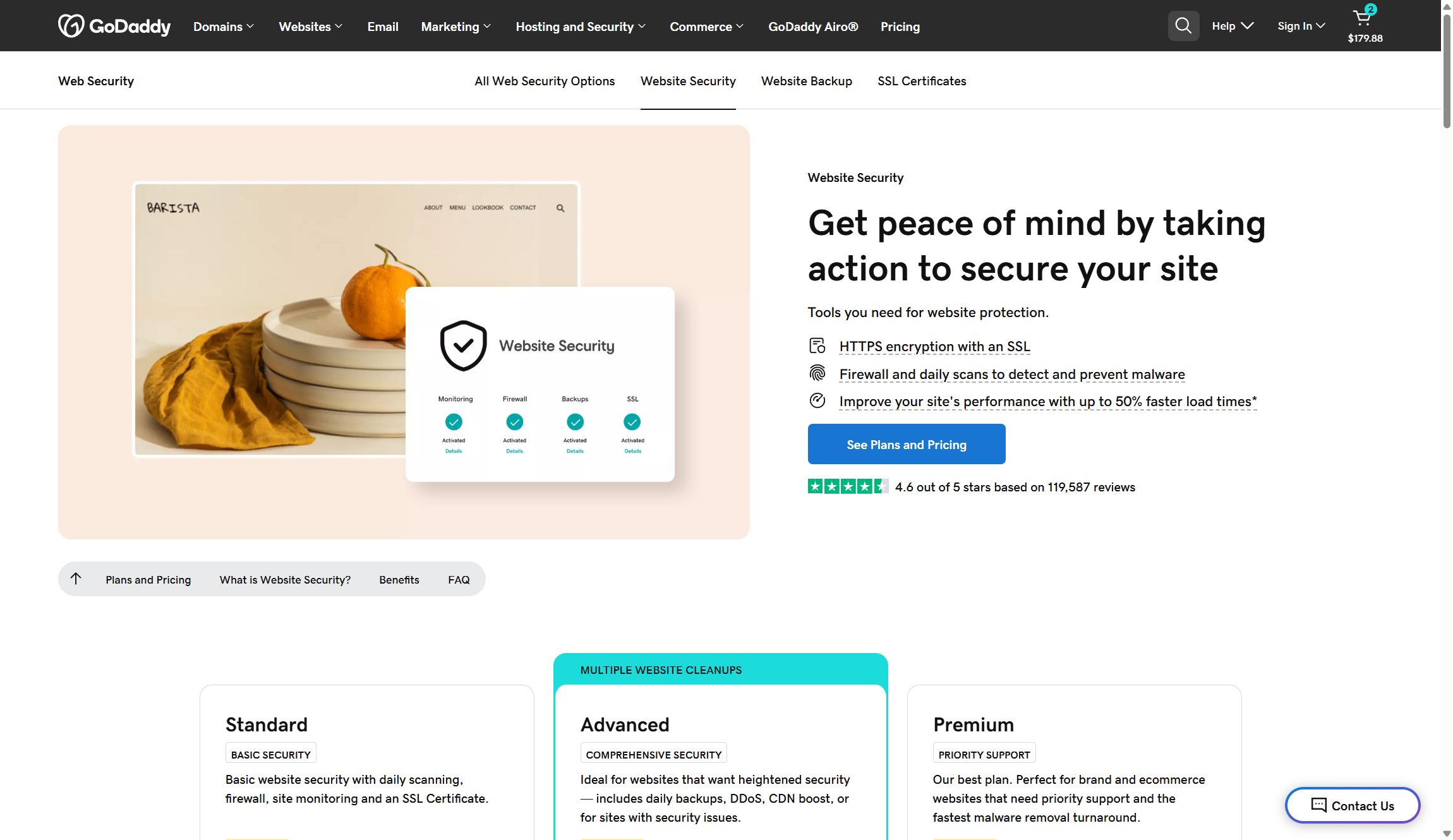 screenshot of godaddy website security page
