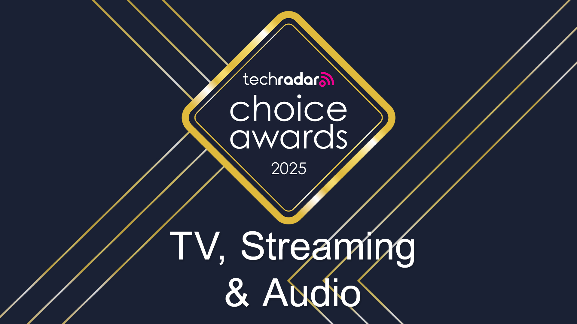 The TechRadar Choice Awards 2025 logo, which is a gold diamond, against a blue background with sharp-angled gold lines