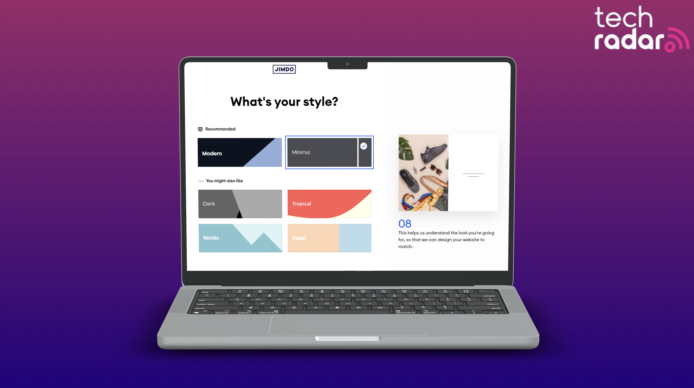 Jimdo free website builder being used on a mac laptop screen with a blue and pink background