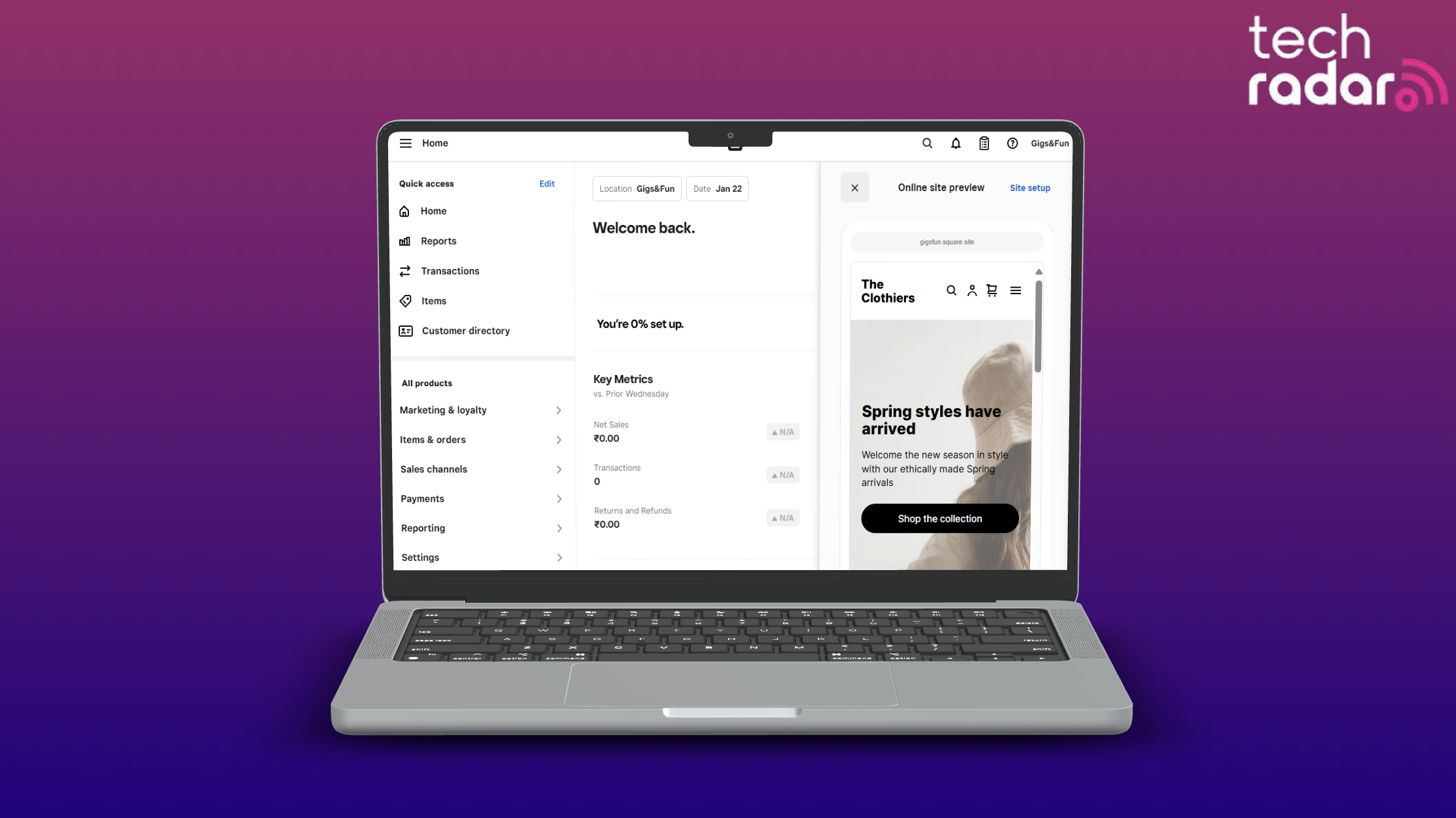 Square Online free website builder being used on a mac laptop screen with a blue and pink background