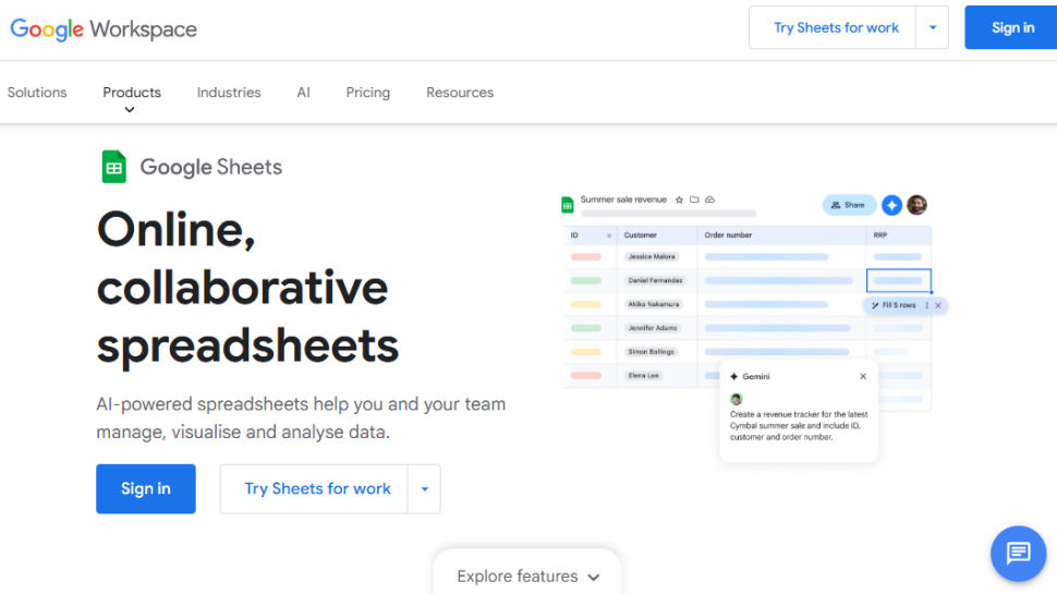 Google Sheets website screenshot (October 2025).