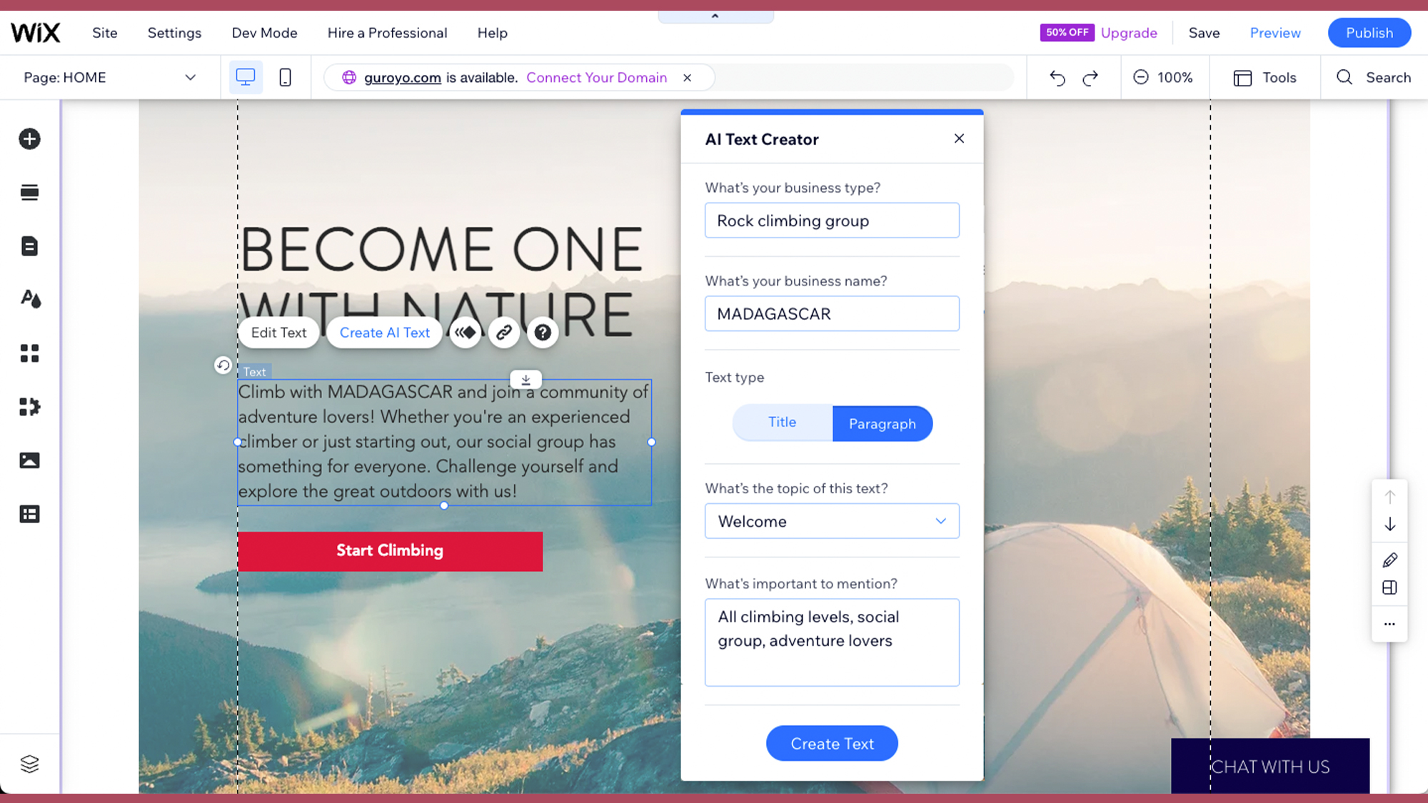 Wix AI Text creator on the Wix Editor dashboard