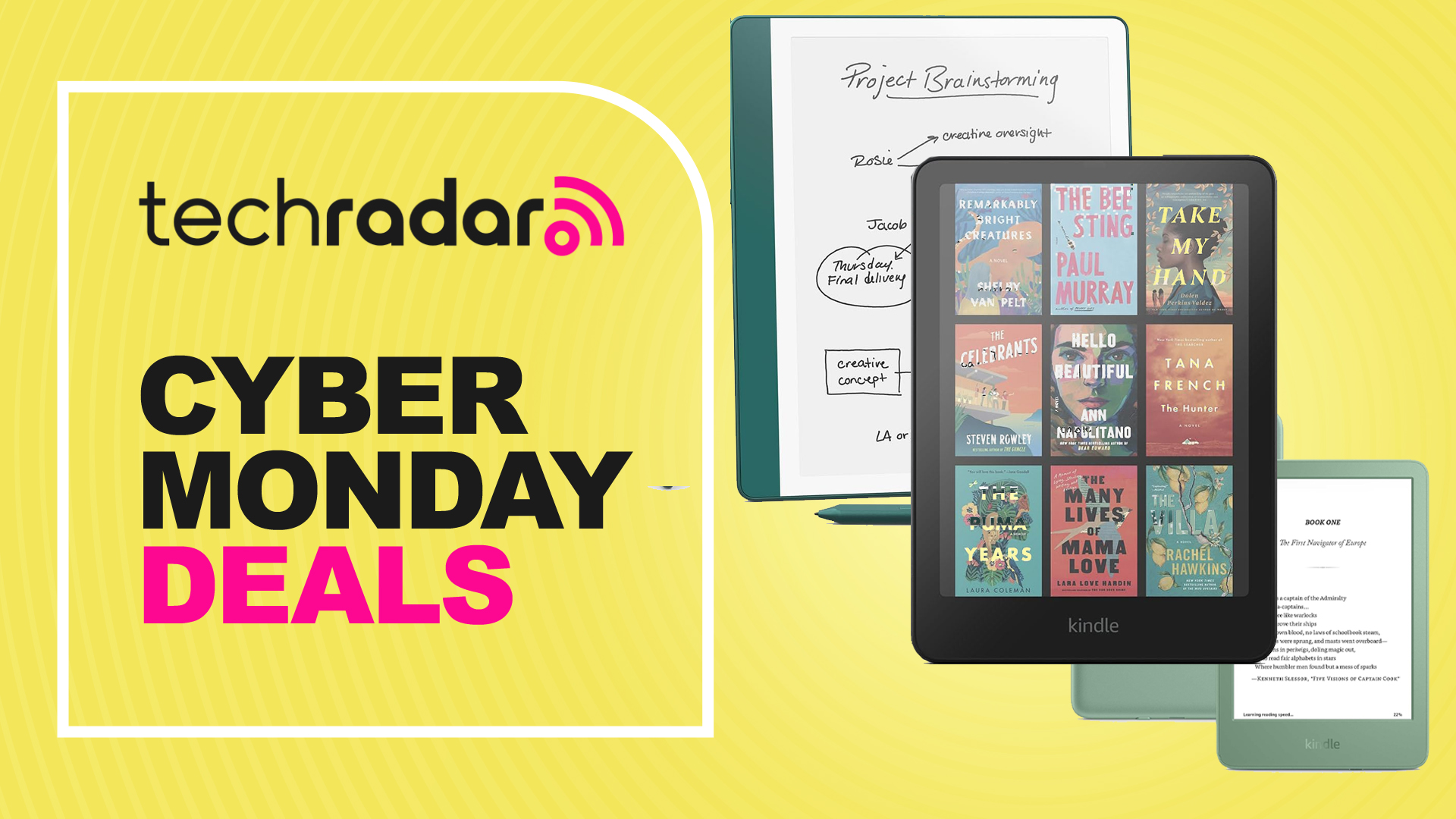 Cyber Monday Deals banner in yellow with TechRadar logo and three Kindle devices - a green Kindle Scribe with a pen beneath, a black Kindle Colorsoft with full color covers on the front, and a green Kindle in the background showing front and back with Kindle logo