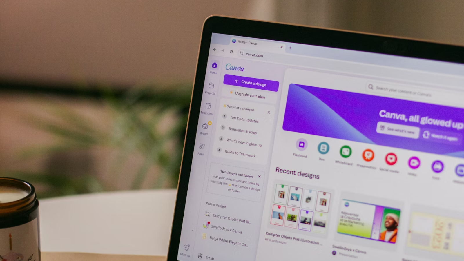 Canva homepage on a laptop in a home office