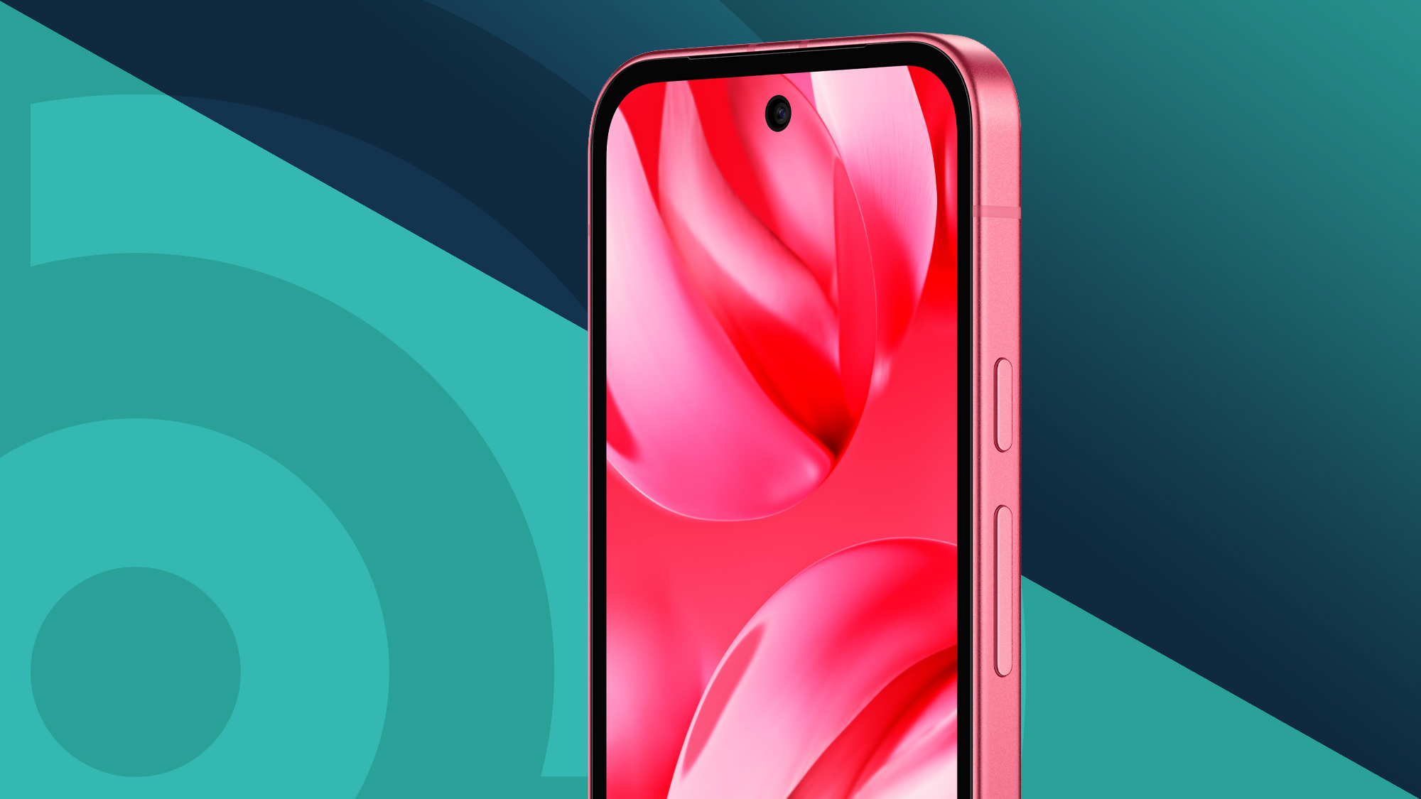 Google Pixel 9a in Peony pink on a turqoise TechRadar logo banner