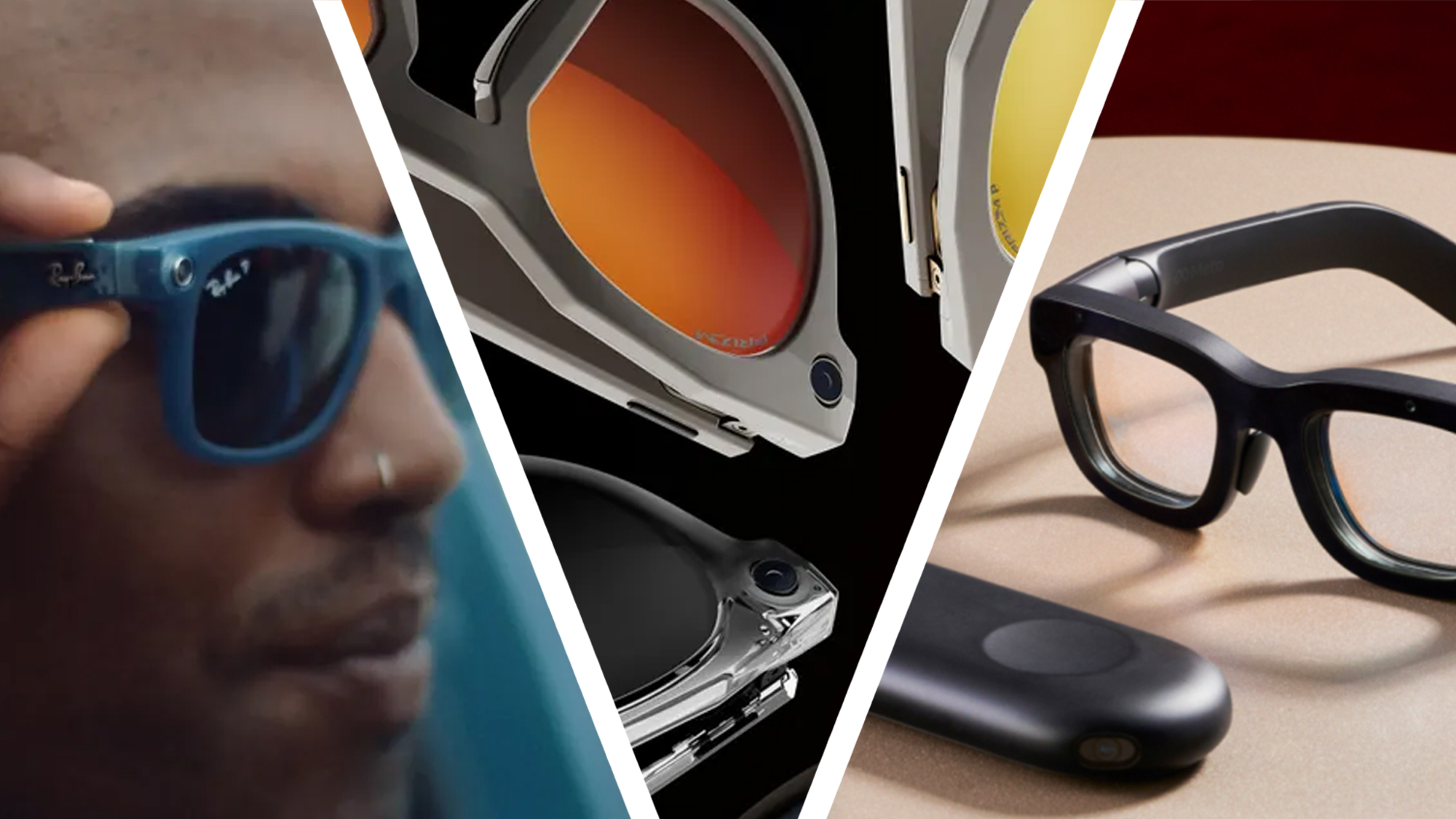 A man wearing Ray-Ban Meta smart glasses nest to three pairs on a black background and smart glasses on a table