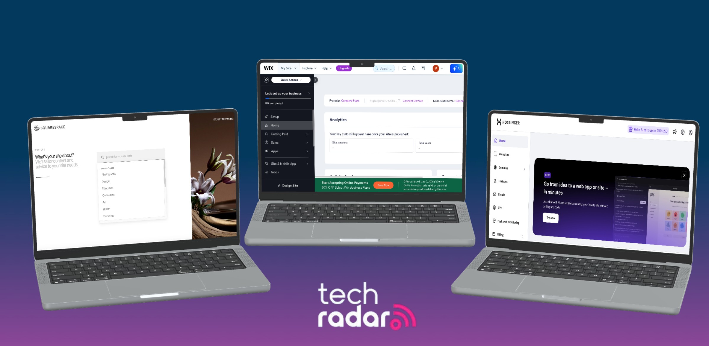 three macbook computers on a purple background, each screen shows a different website builder being used including Hostinger, Wix and Squarespace