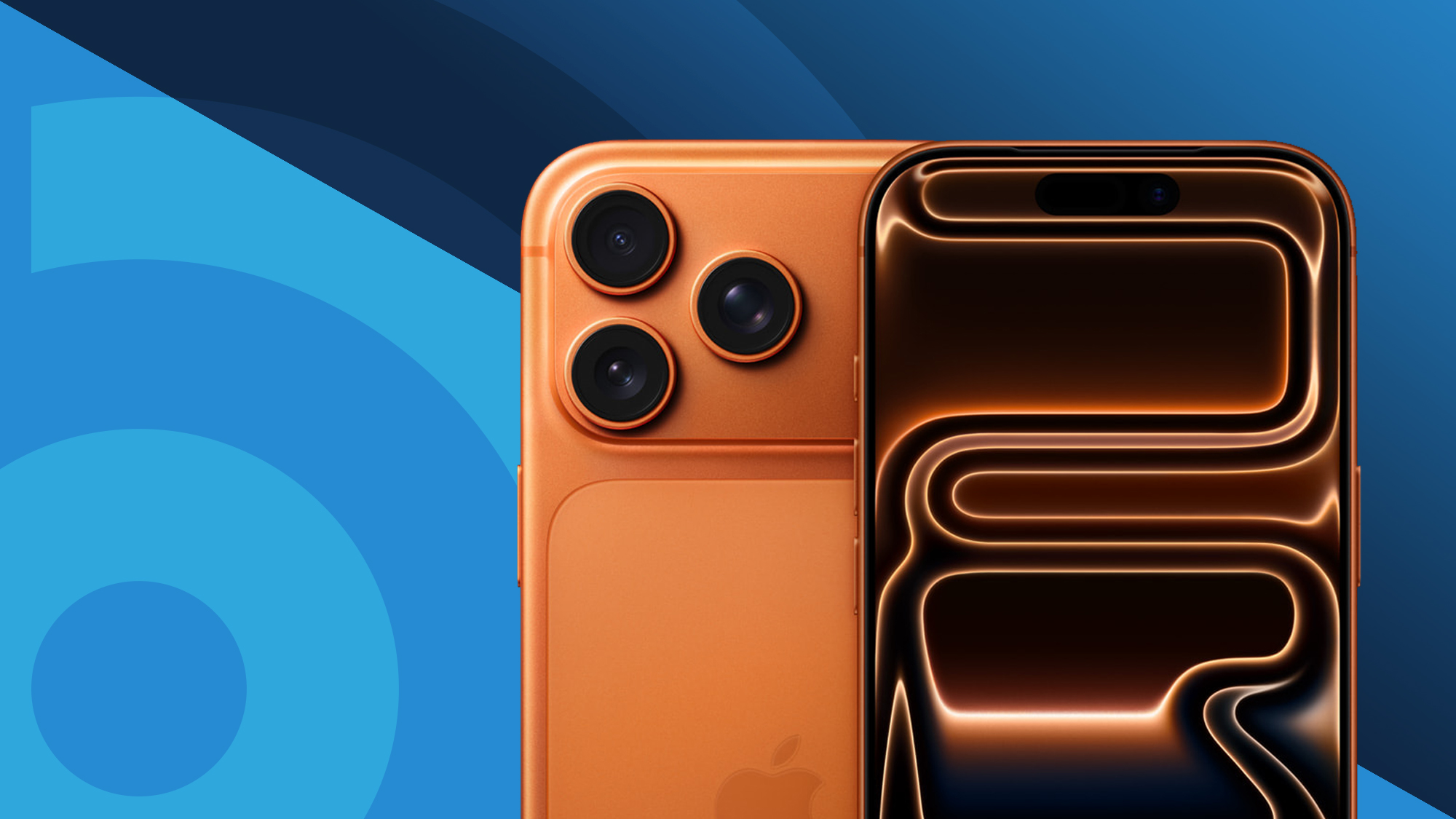 Apple iPhone 17 Pro in Cosmic Orange showing front and back with cameras on a blue TechRadar banner