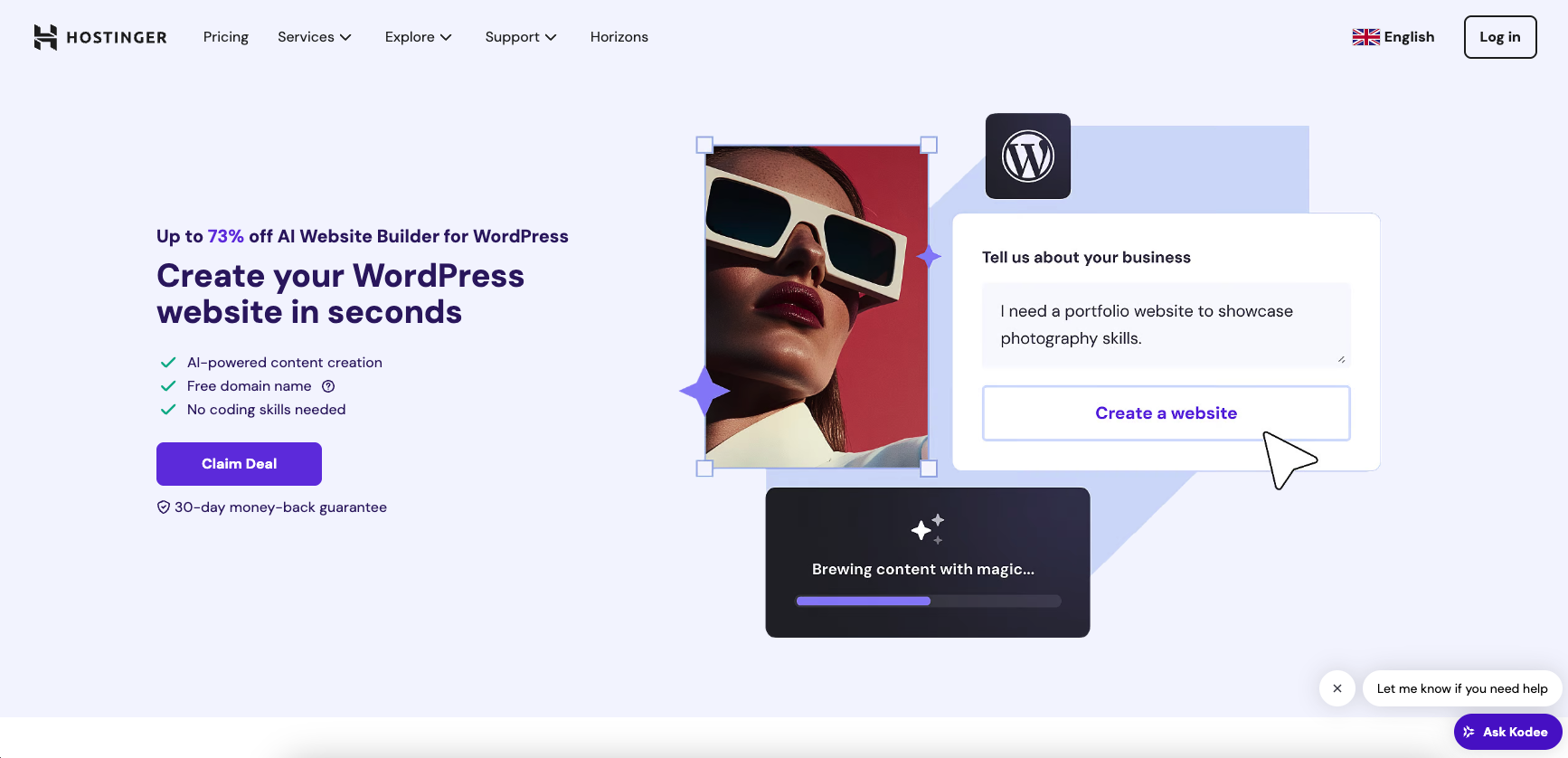 screenshot of hostinger AI wordpress website builder homepage