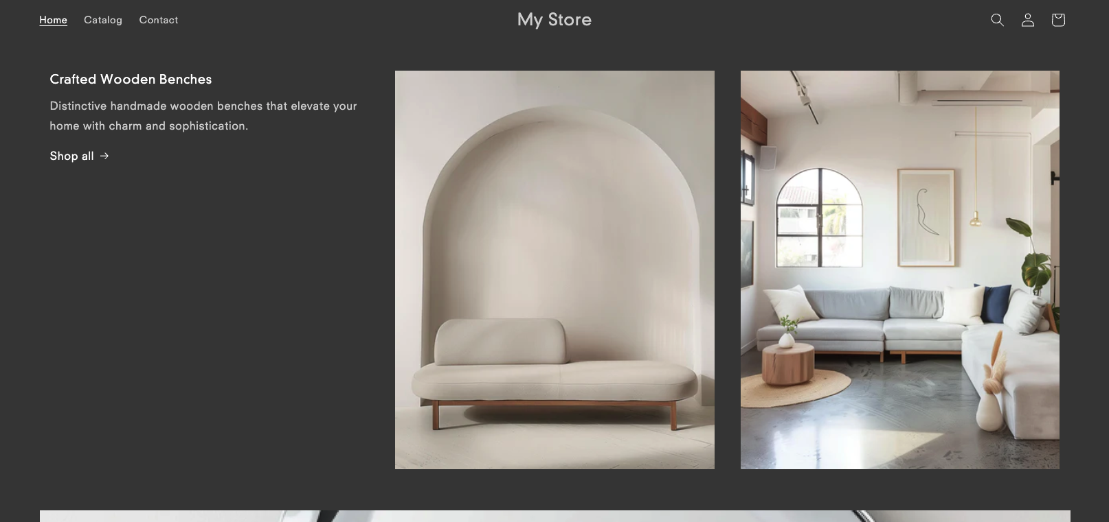 A screenshot of a website built on Shopify, it has a hard grey background with large images of sofas on it 