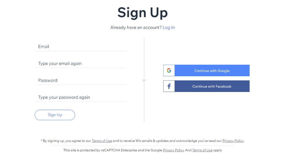 Screenshot of Wix sign up page