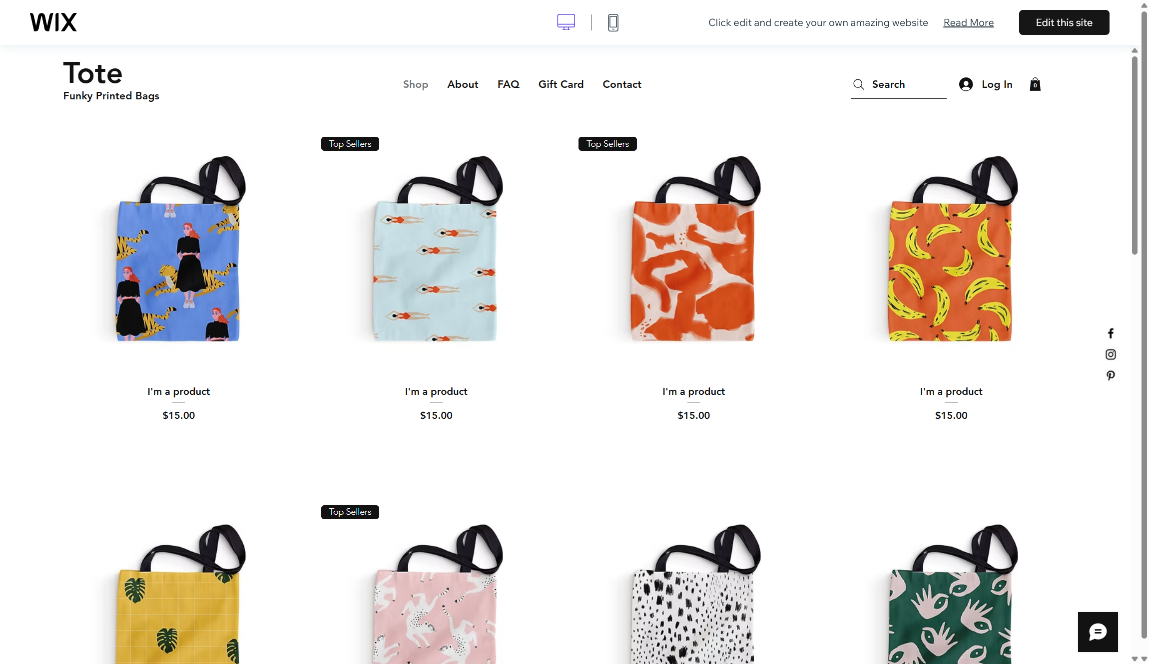 screenshot of Wix templat