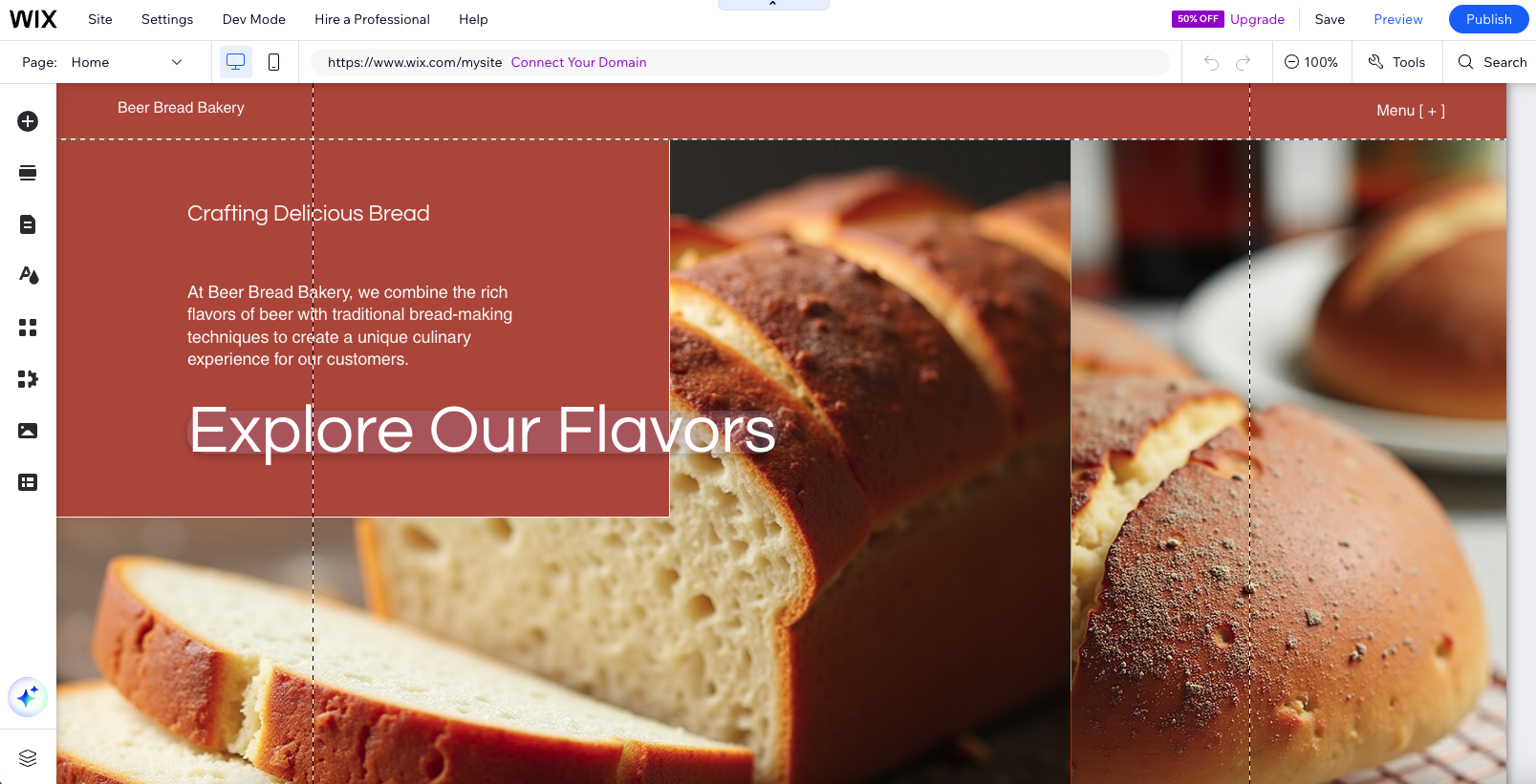 A screenshot of an example website built on Wix, the title of the site reads Beer Break Bakery, it has an orange/brown accent and large images of bread