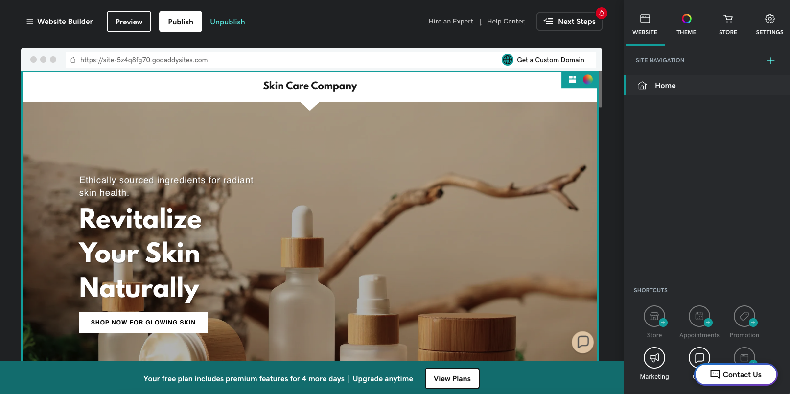 A screenshot of GoDaddy's website builder, it has a dark grey surround with an example website in beige/grey in the middle 