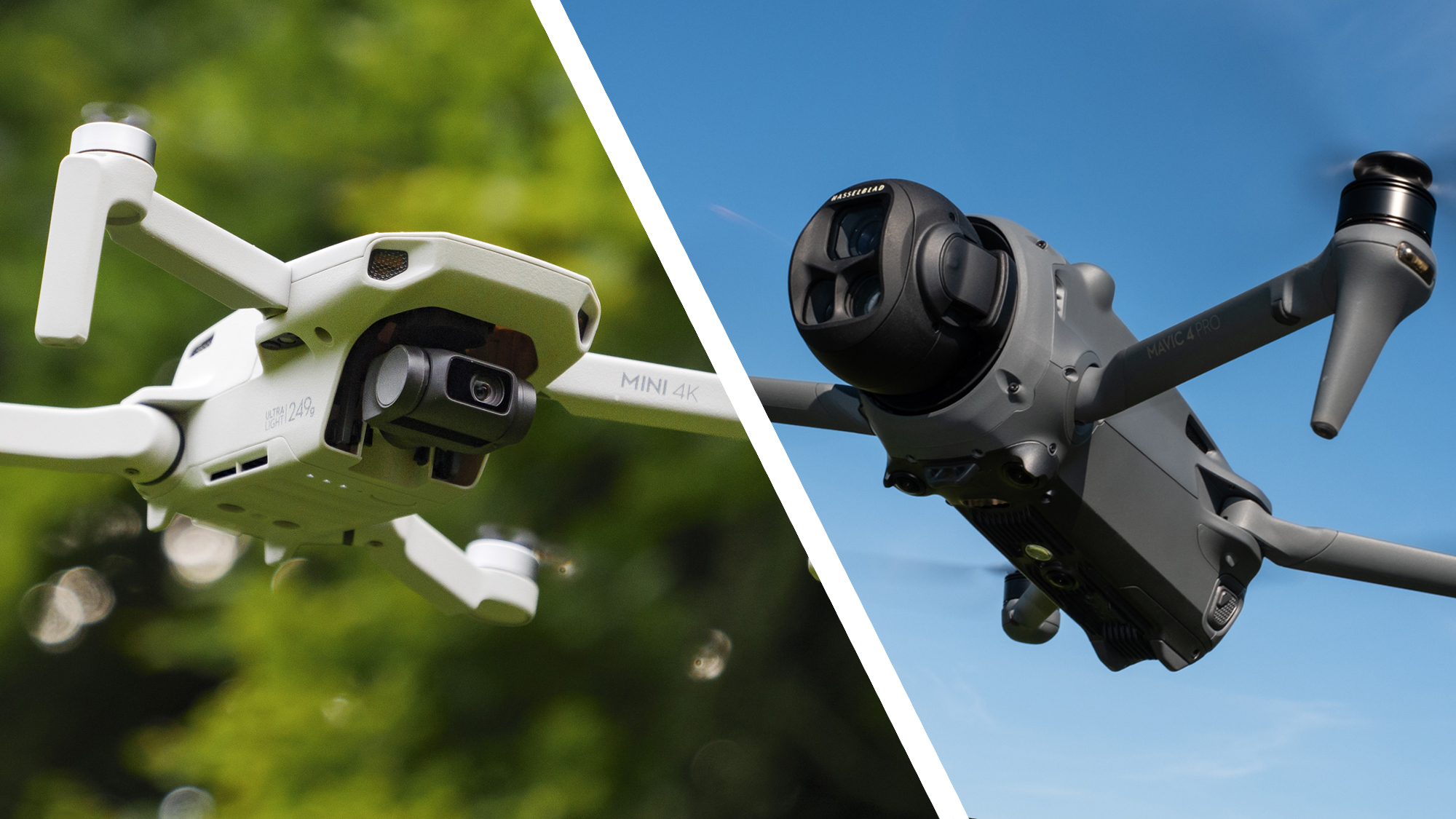 The DJI Mini 4K drone in flight with tree backdrop, alongside DJI Mavic 4 Pro in flight with blue sky backdrop