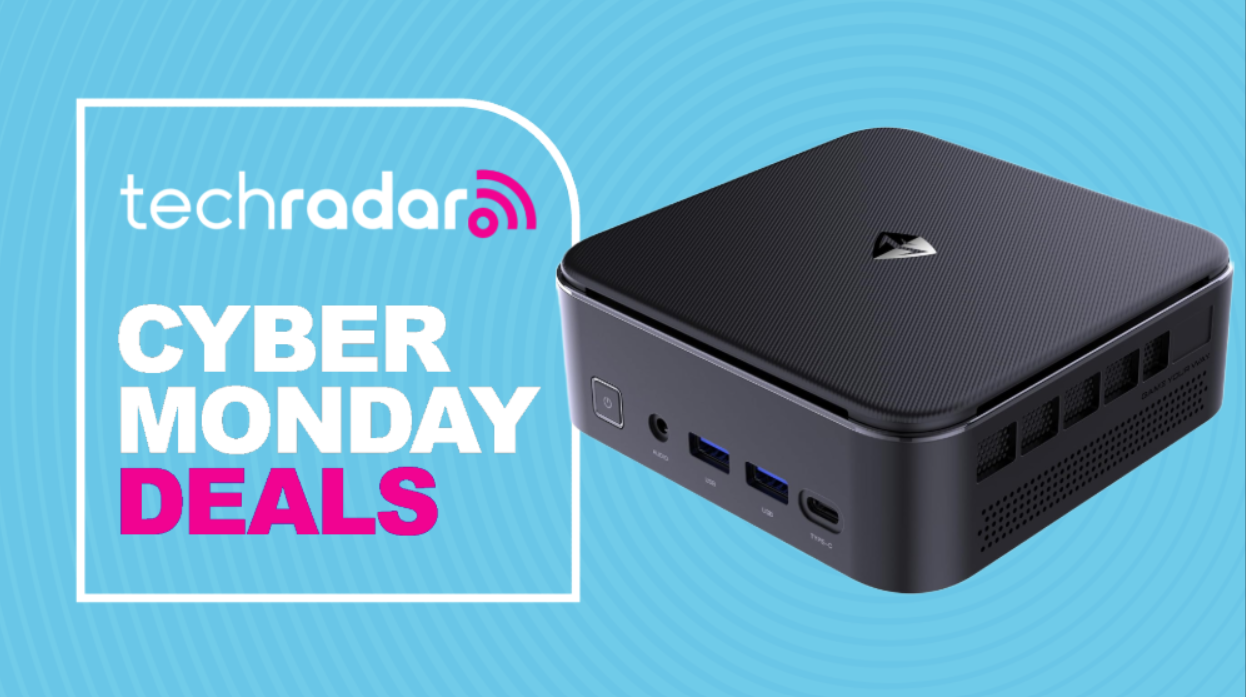 Machinelike mini PC on a light blue background next to a TechRadar badge reading 'Cyber Monday deals'