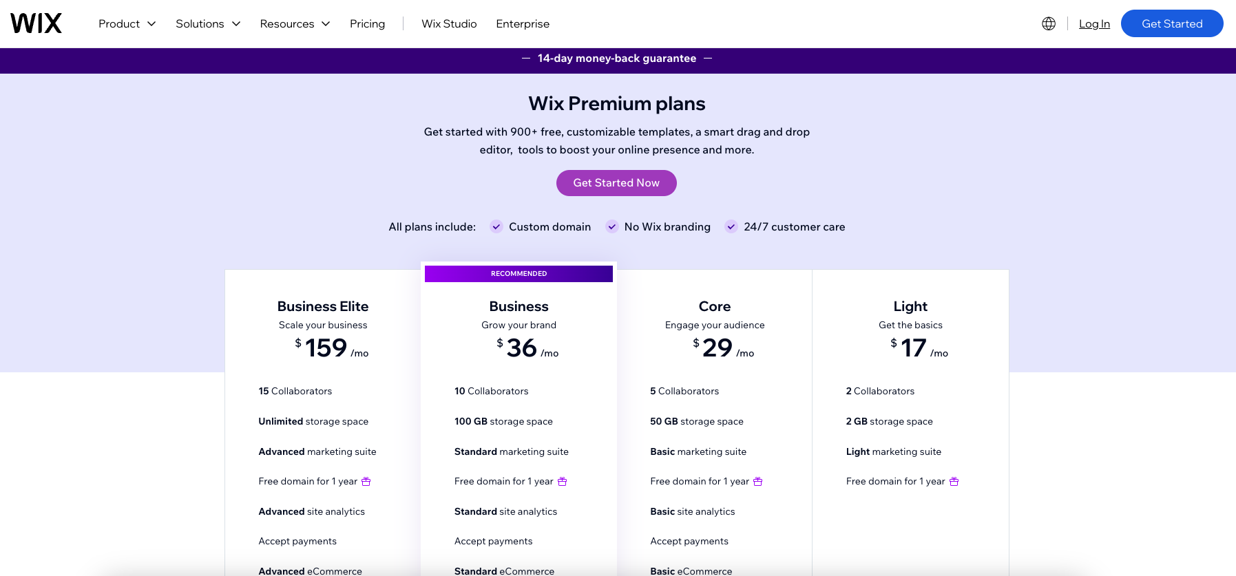 screenshot of wix's available pricing plans