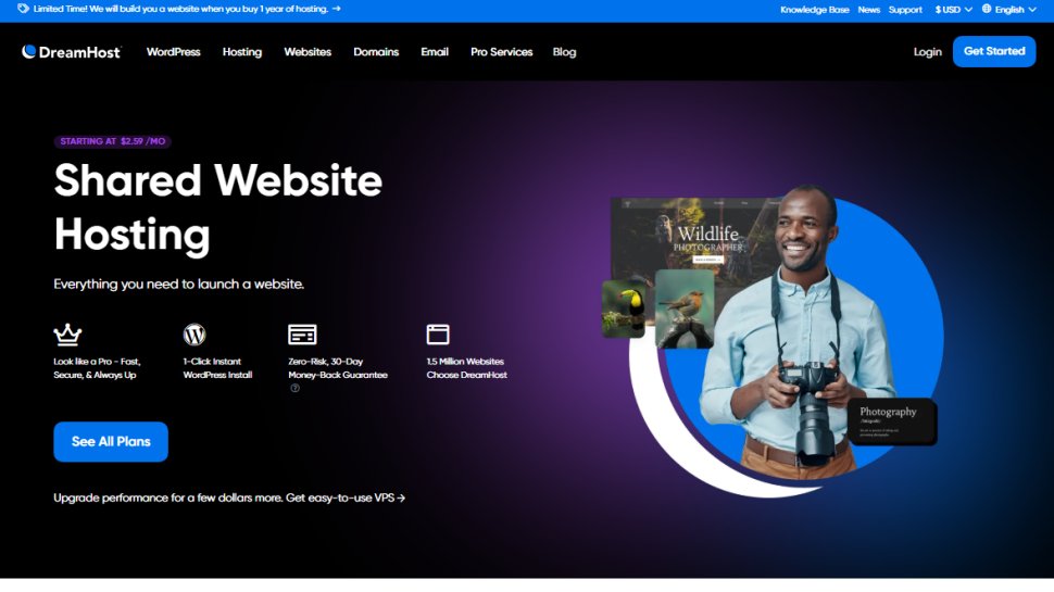 Website screenshot of DreamHost (September, 2025)