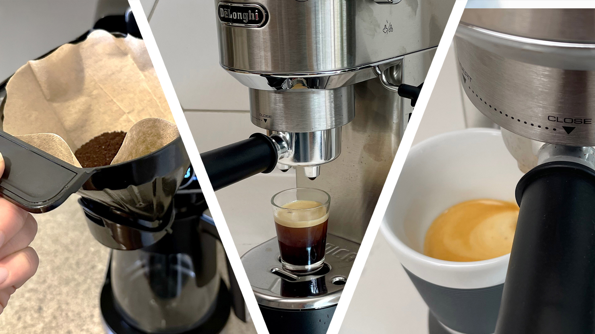 Split image of person putting filter in drip coffee machine, and espresso machine dispensing coffee