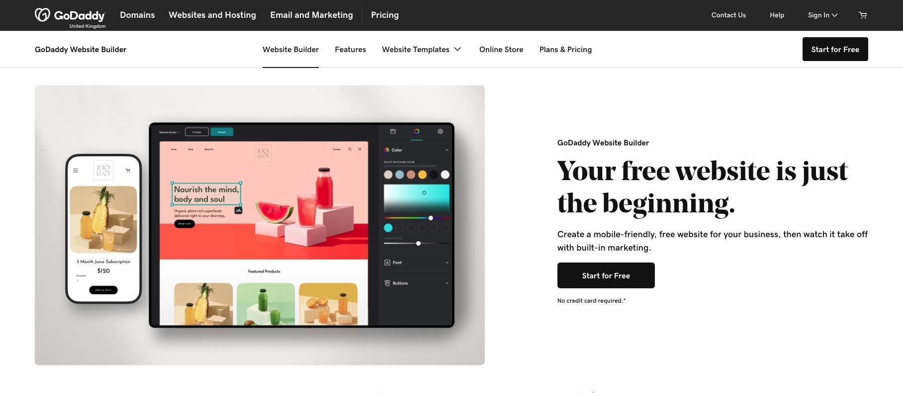 screenshot of godaddy website builder homepage