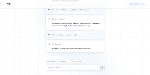 A screenshot of the Wix AI website builder, it is a chat box with a light blue background and answers on top in white boxes