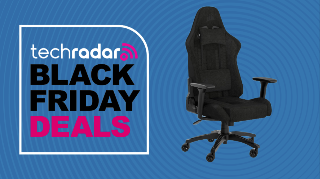 A Corsair TC100 Relaxed office chair on a blue background next to a TechRadar badge reading &#039;Black Friday deals&#039;