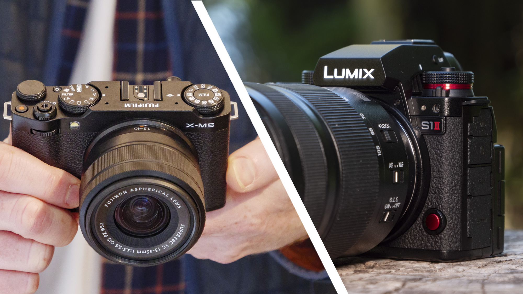 Fujifilm X-M5 in user's hands, Panasonic Lumix S1 II on a wooden surface outdoors