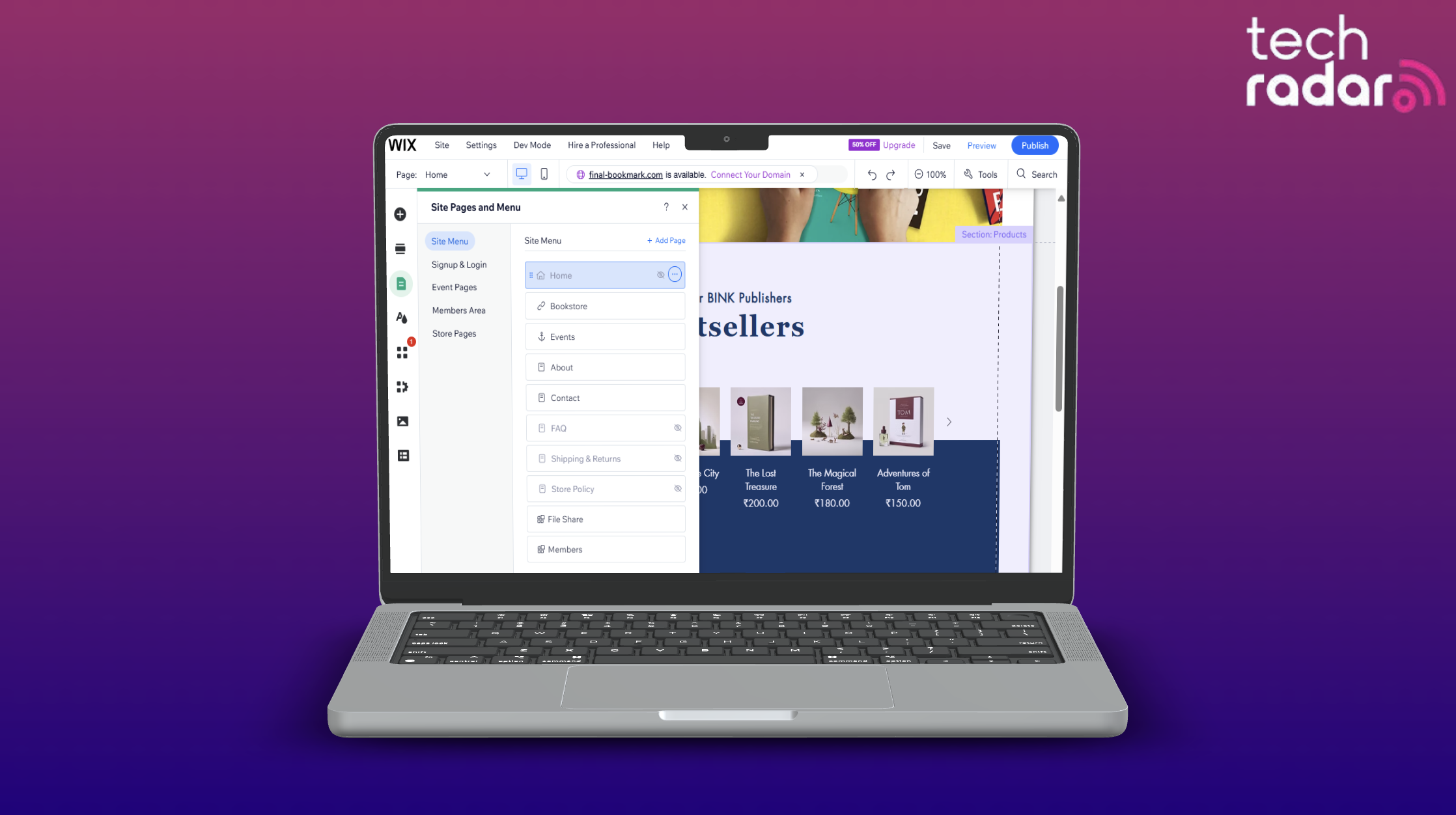 Wix free website builder being used on a mac laptop screen with a blue and pink background