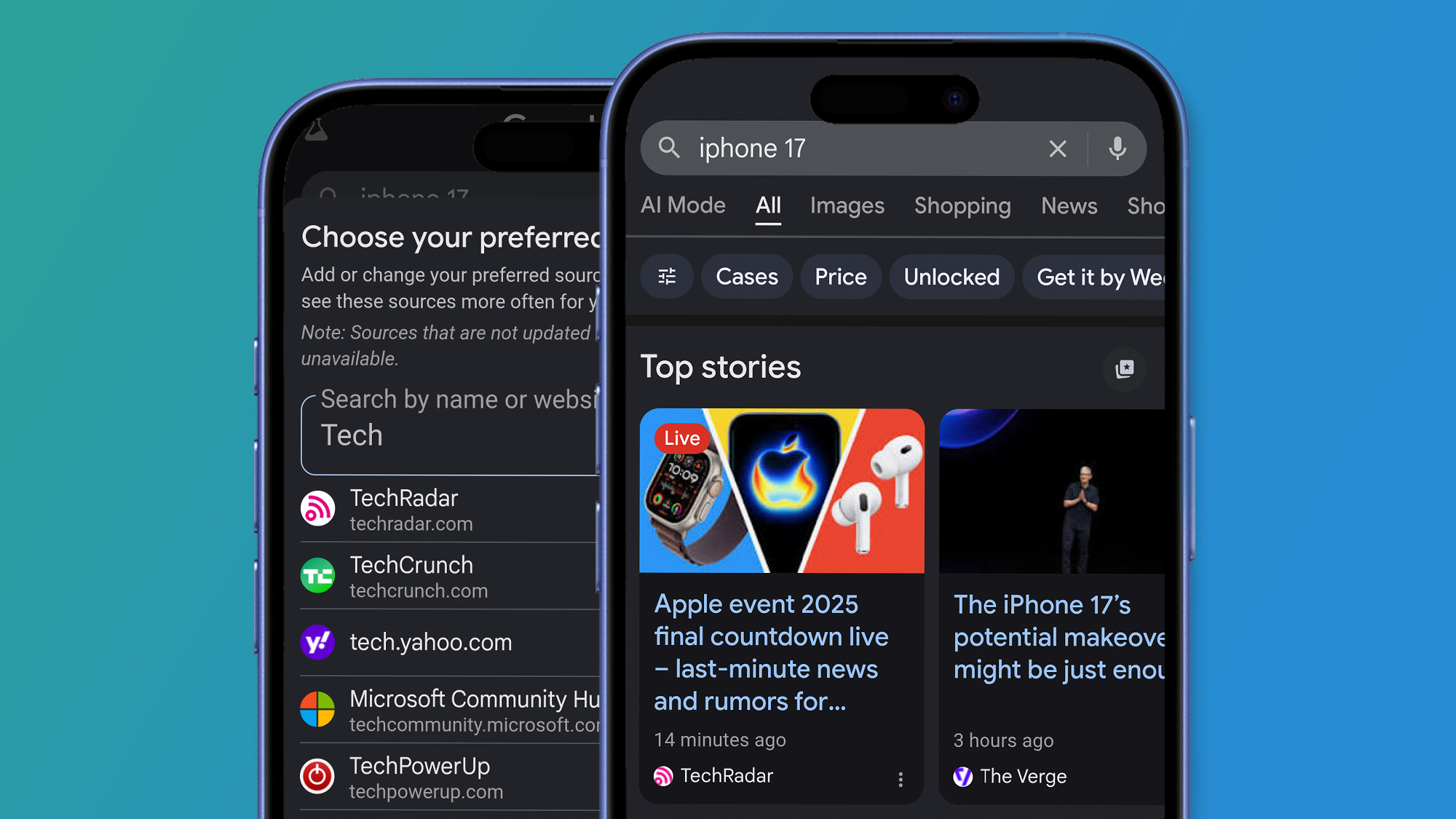 Two phones on a green and blue background showing Google&#039;s top stories results and preferred sources screen
