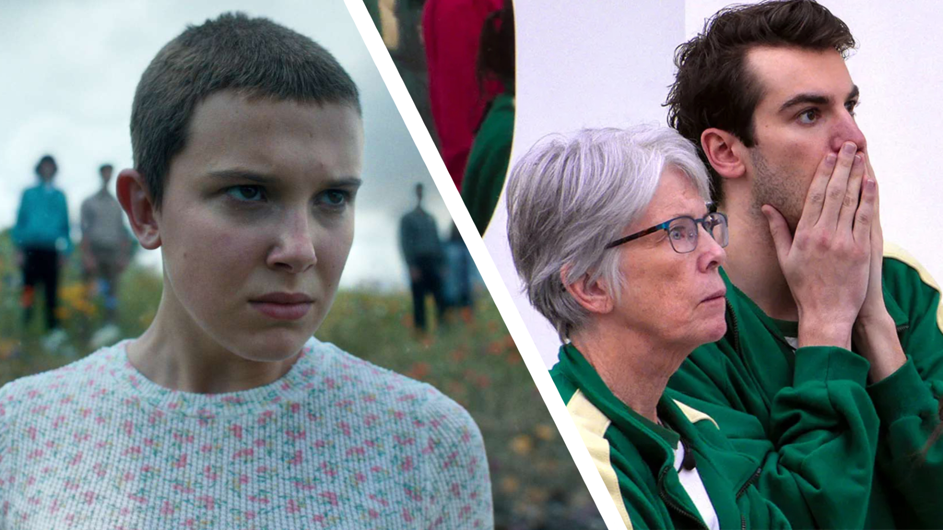 Eleven in Stranger Things on the left and two Squid Game: The Challenge contestants on the right